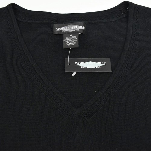 Top suéter tejido World Republic para mujer XL negro ojales escote en V sin mangas - Imagen 4 de 6