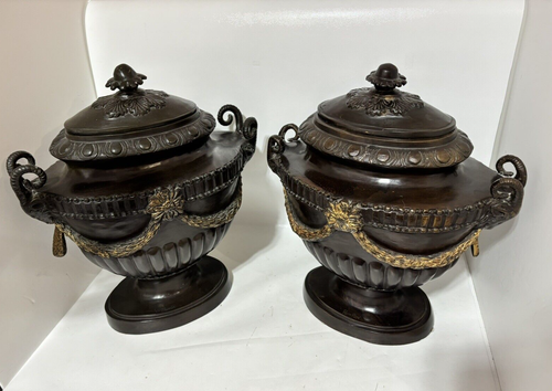 French Neoclassical Bronze Urns Ram Head Handles, Signed V Chemin & Pom Pon