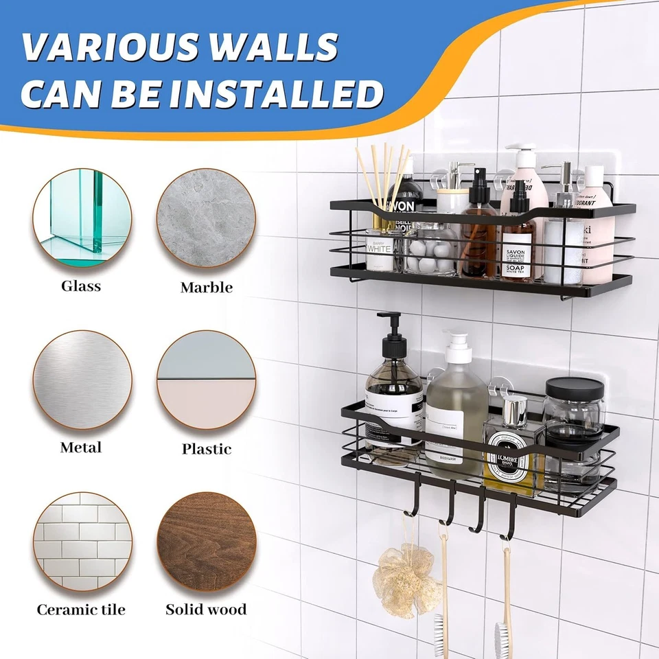 Rustproof Shower Shelf Rack Adhesive Shower Shelves & 4 Hooks Organizer 2 Pcs - Image 3 of 4