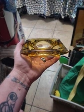 VINTAGE ASHTRAY 6” SQUARE AMBER GLASS CIGAR MAD MEN MANCAVE MCM