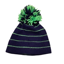 The Mountain Lid Green Navy Blue Pom pom top Beanie Hat Handmade Aspen CO Winter