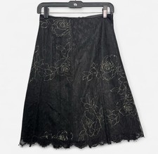 Adrianna Skirt Sz 4 Black Lace Midi A-Line Whimsigoth Romantic Raw Hem Roses EUC