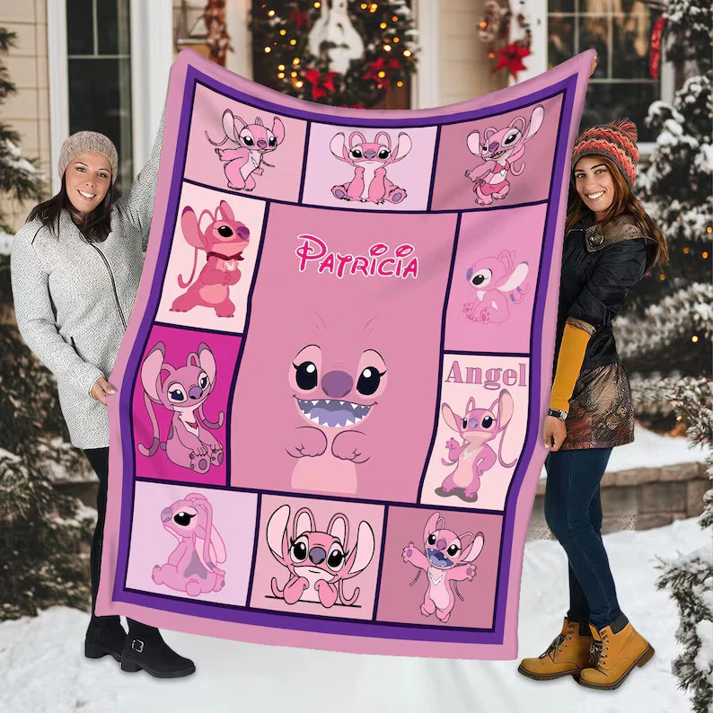 Personalized Angel & Stitch Fleece Blanket: Custom Birthday Gift