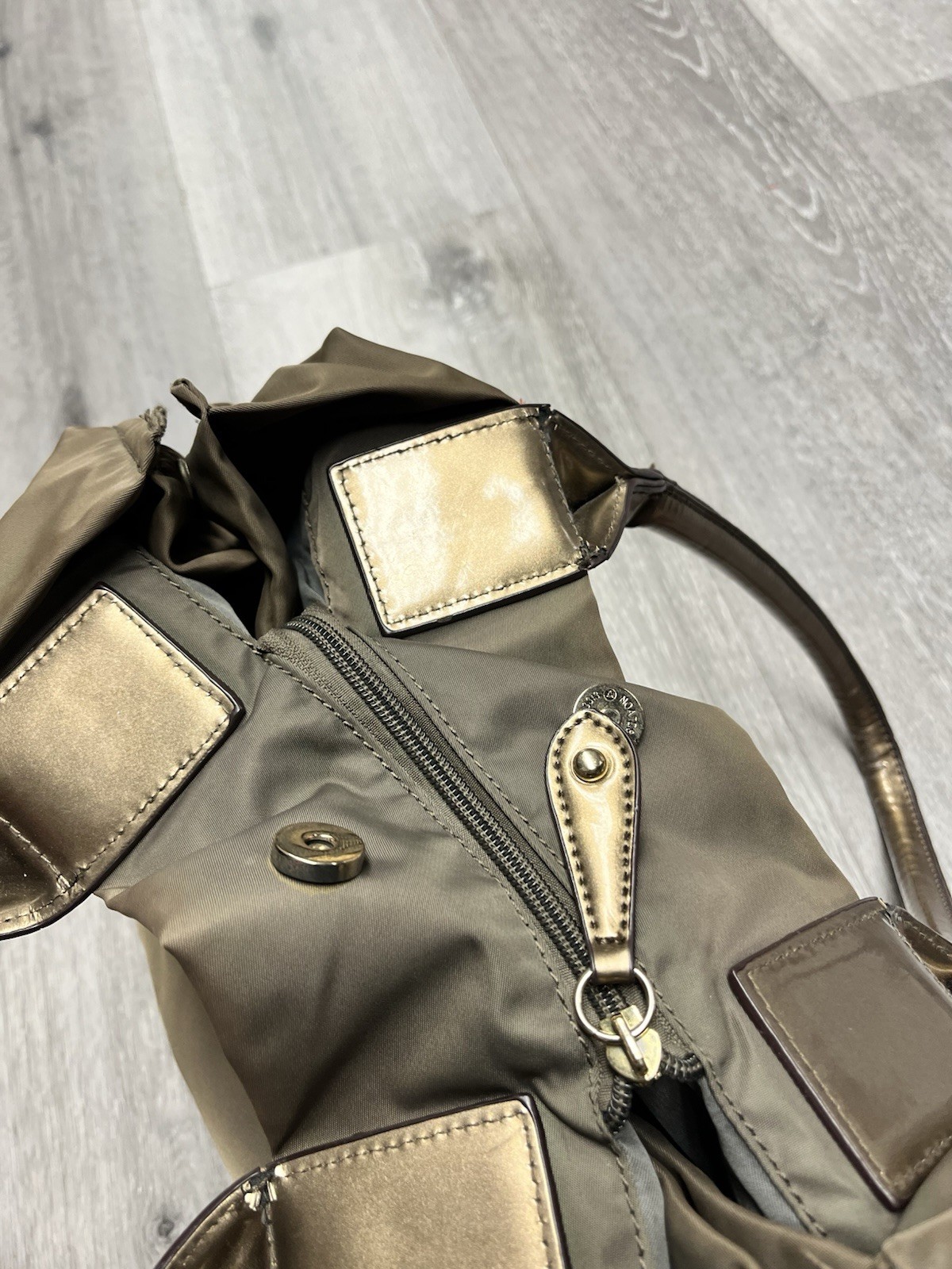 Vintage Tory Burch Ella Nylon Top Handle Bag in Brown With Metallic Accents thumbnail 6