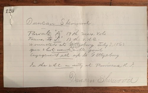 Duncan Sherwood 19th Massachusetts Infantry WIA Gettysburg Civil War Document