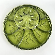 70’s Green Indiana Glass Deviled Egg Relish Round Serving Appetizer Platter 13”