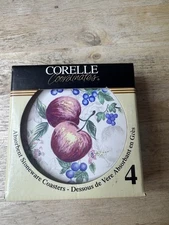 4 Four Corelle Coordinates Apples Blueberries Fruit Stoneware Coasters Cork Back