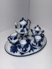 Vintage Dollhouse Miniature Tea Set Blue and White Porcelain NOS 8-Piece