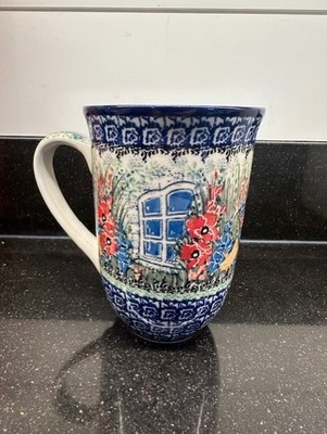 UNIKAT Polish Pottery Bistro Latte Mug My Garden Window Handmade Maria Starzyk