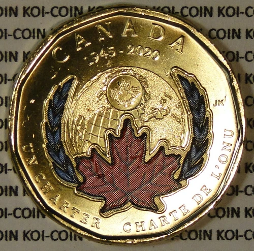 BU Canada 1945-2020 United Nations Charter color painted $1 dollar loonie coin