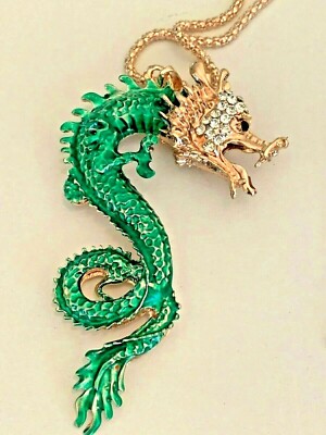 Enameled Dragon Necklace 28'' Rose Tone Austrian Crystal New w Chain