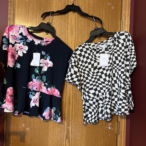 LuLaRoe June-Medium-Neu mit Etikett-Schwarz/Weiß•Karo•Blau/Weiß/Rosa/Grün•Blümt