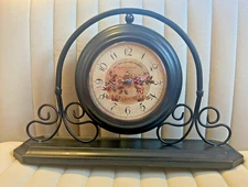 Vintage Metal Base Mantel, Floral Mantel Clock-Great working condition