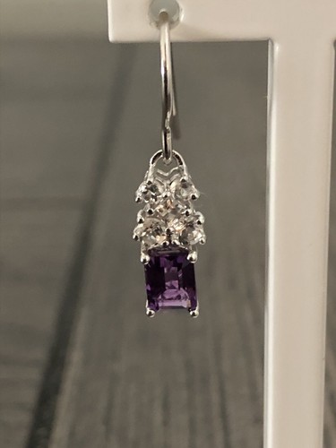 NEW Sterling Silver Sparkly CZ Purple Amethyst Gem Dangle Drop Hook Earrings - Picture 2 of 7