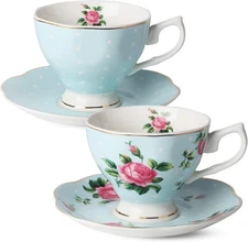 Floral Teacups and Saucers, Set of 2, 8 oz Capacity, with Gold Accents