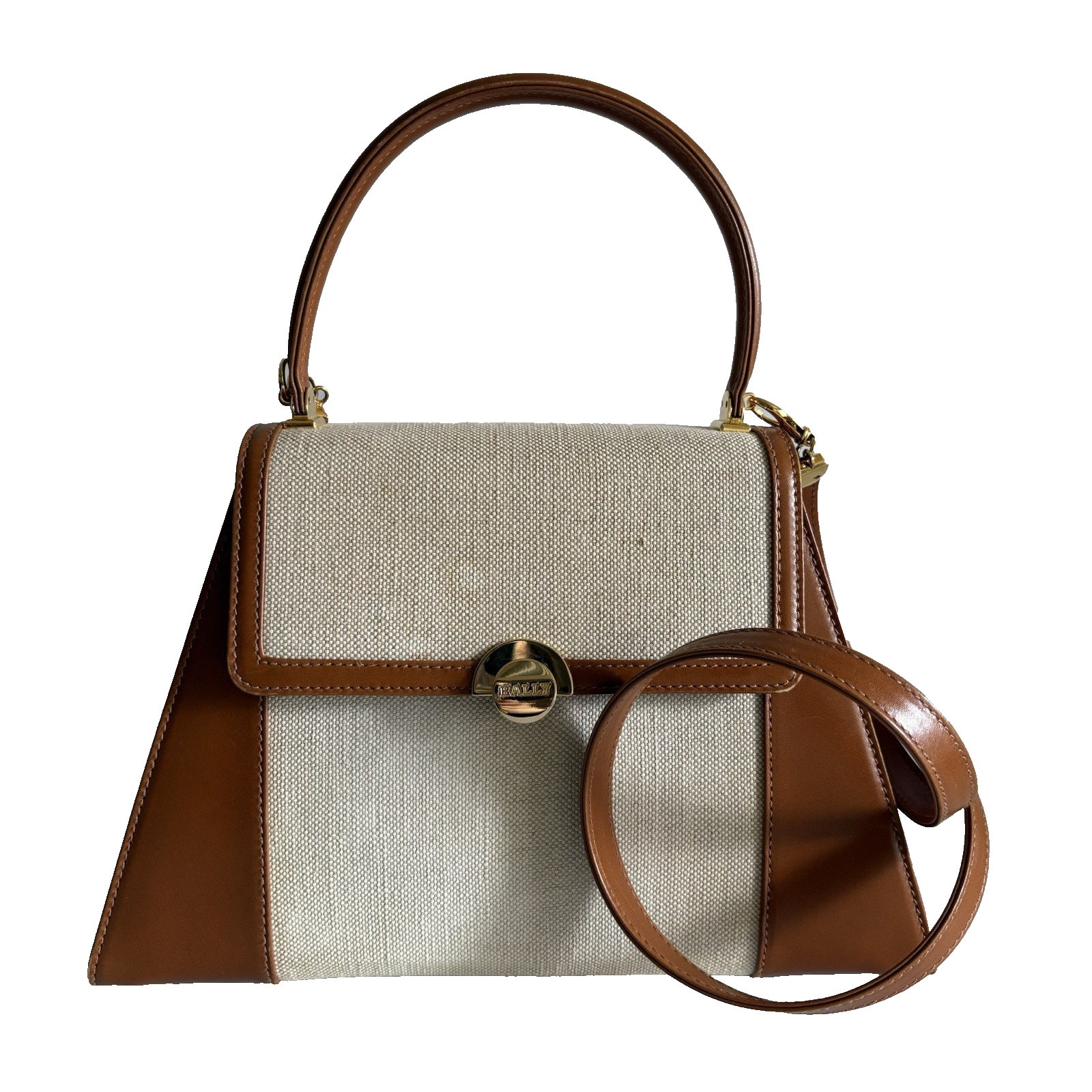 Authentic Bally Handbag Beige Leather&canvas From Japan 0824