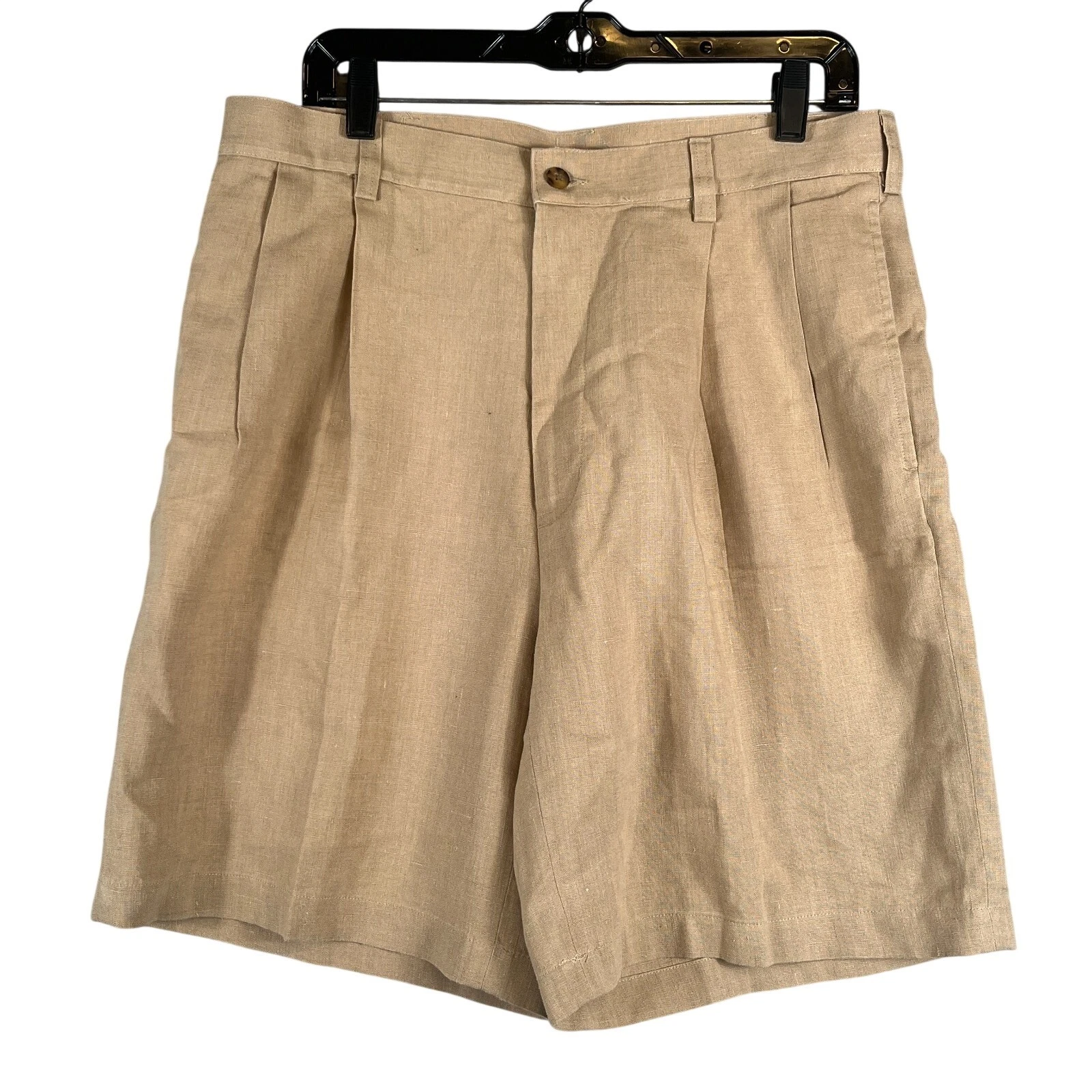 Jos A Bank Mens 34 Linen Shorts Pleated Khaki Tan Summer Travel Golfcore Preppy