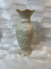 Vintage White Embossed Floral Porcelain Vase Gold Trim