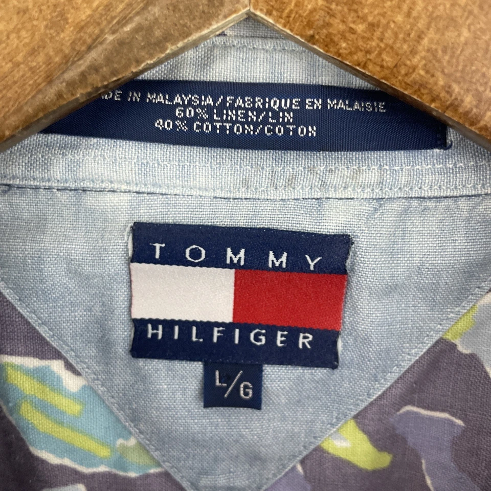 Camisa de Colección Tommy Hilfiger Mezcla de Lino Para Hombre Grande Púrpura Pez Manga Corta * Foto 3 de 4