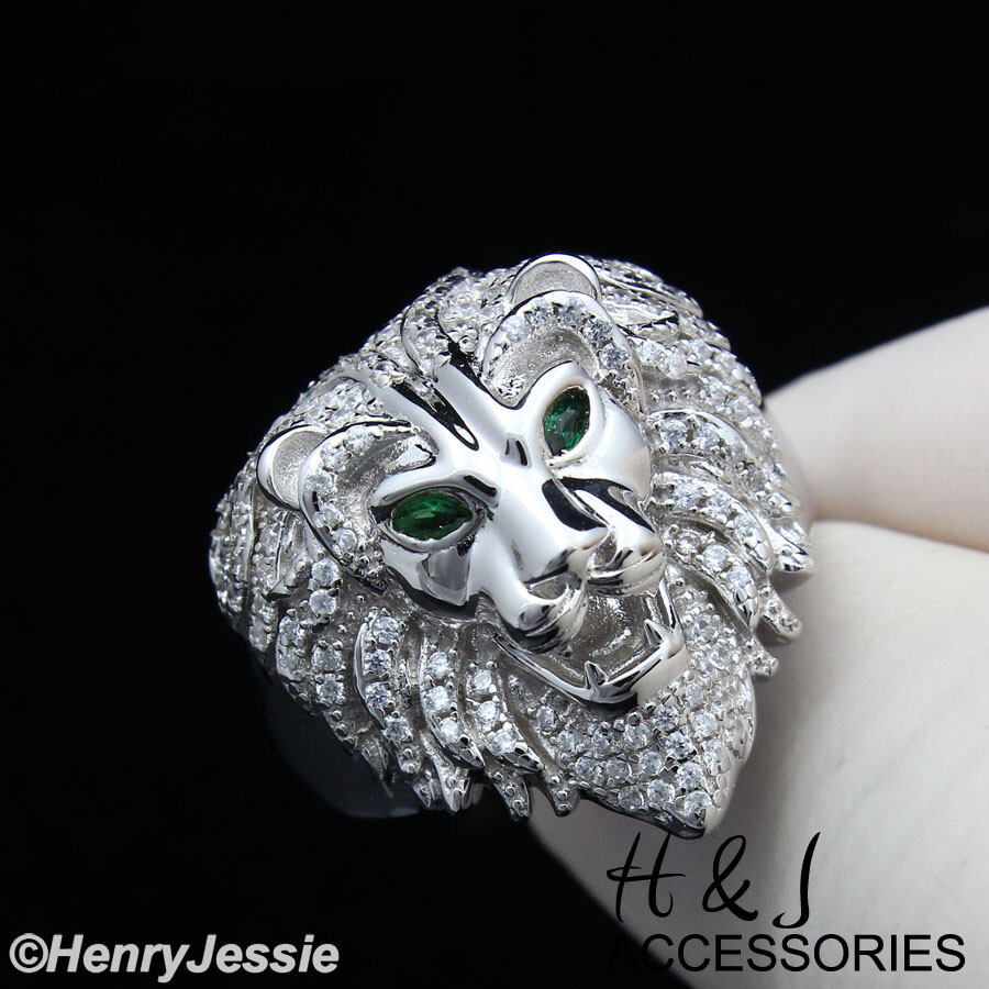MEN SOLID 925 STERLING SILVER ICY BLING CZ 3D GREEN EYE LION MEN SOLID 925 STERLING SILVER ICY BLING CZ 3D GREEN EYE LION