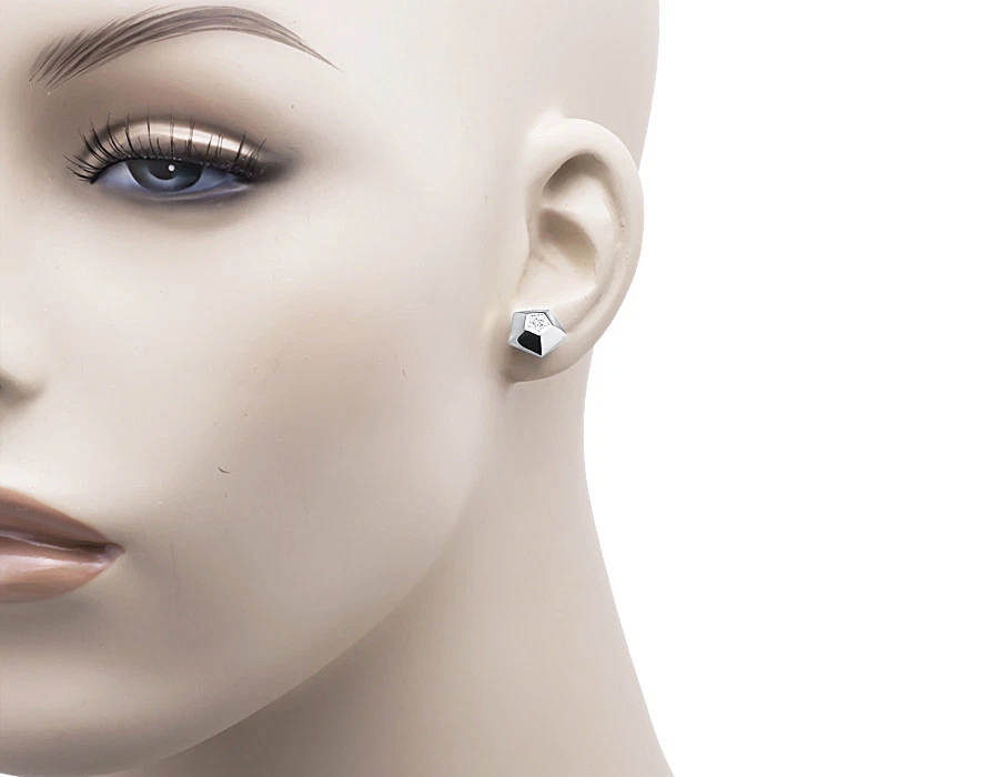 Pendientes Pentágono 3D Oro Blanco 10k Redondos Pavé Diamantes 10mm 0.07 ct Foto 2 de 4