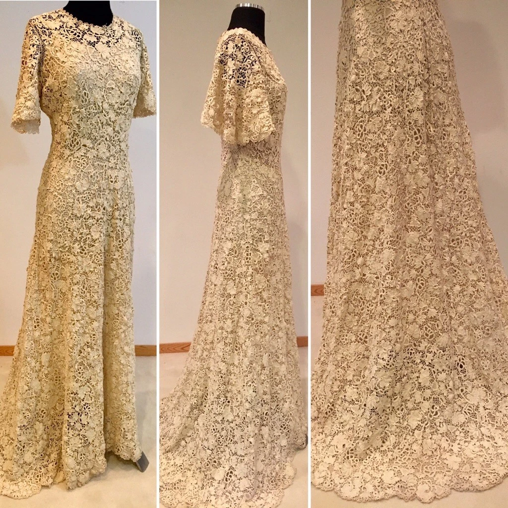 Incroyable 1910 robe de mariage ou de bal au crochet irlandais manches cloche