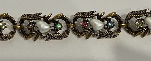 Vintage Gold Tone Coro Bracelet w Faux Baroque Pearls & Rhinestones - Picture 5 of 6