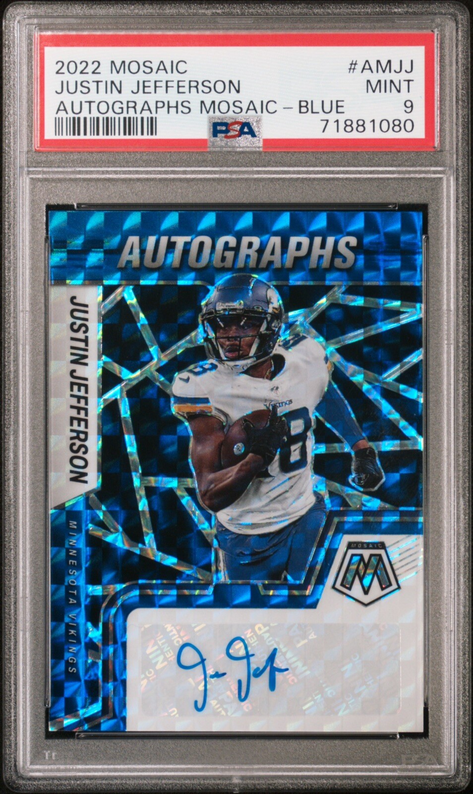 Justin Jefferson Autographed Signed Minnesota Vikings 2022 BLUE MOSAIC PSA MINT 9 #d /99 
