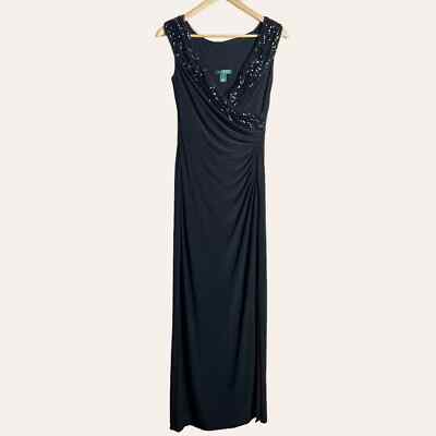 ralph lauren black sequin dress Lauren Ralph Lauren Black Sequin Embellished Surplice Faux Wrap Evening Gown  4