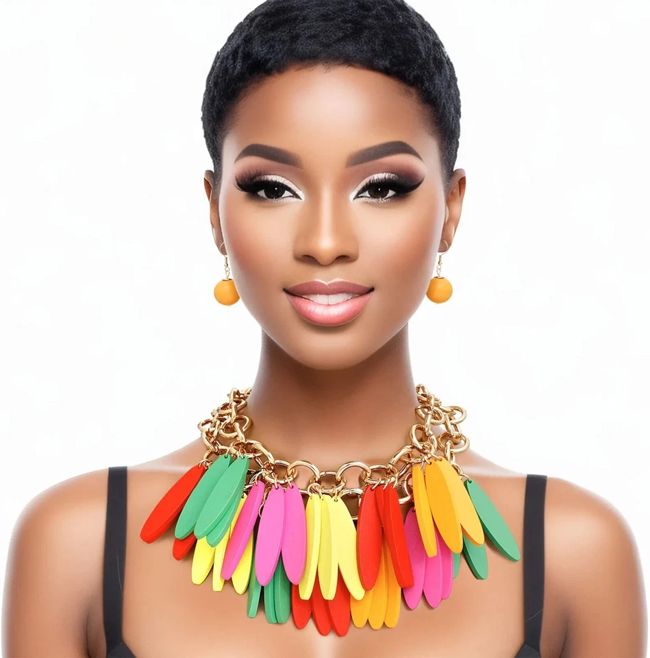 Juego de collar tribal multicolor oblongo cuentas de madera flecos capas llamativo