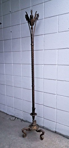 Antique  Cast Iron Torchiere Floor Lamp Crest Chicago 4 Art Glass Shade Steuben
