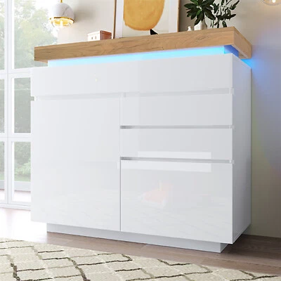 MERAX Sideboard with LED High Gloss White Storage Cabinet 3 Drawer Chest of Drawers