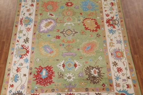Alfombra de lana anudada a mano tradicional verde/marfil floral Oushak 9x12 ft - Imagen 3 de 12