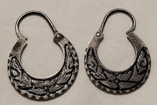 ANCIENNES BOUCLES D'OREILLES CRÉOLES MOTIF ARABESQUE NIELLÉ ARGENT MASSIF #SB#G6