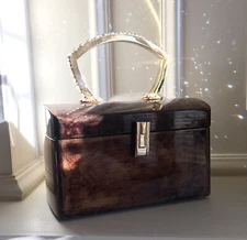 VTG TORTOISE SHELL LUCITE Box Purse RHINESTONE TRIM HANDLE White Stag? Wilardy?