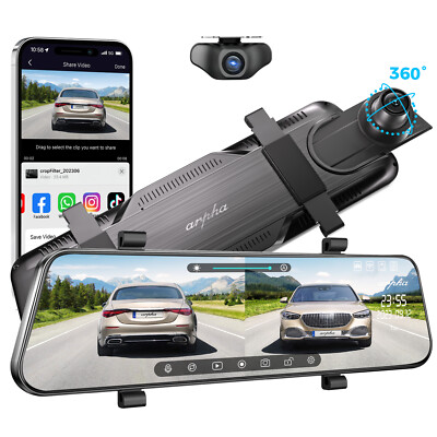 1080P+720P Mirror Dash Cam WiFi 10'' Rear View Mirror Touch Screen Loop Recording