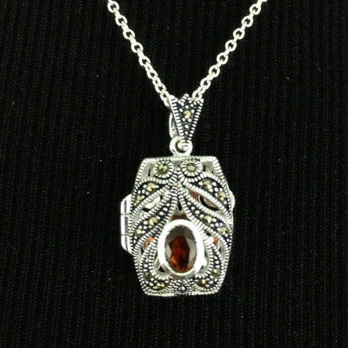 MARSALA marcasite & red stone necklace - silver-plated Art Deco locket pendant - Afbeelding 1 van 7