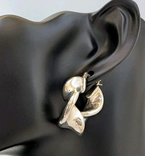 Sterling Silver 925 Puffy Twist Hoop Earrings 1.25" - Picture 2 of 7