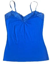 Y2K Blue Ribbed Lace Trim Cami Womens M Blue Layering Tank Top Cotton Stretch
