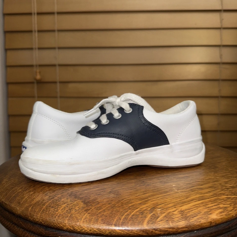 Keds Sneaker Girl's White Navy Leather School Days 2 Lace Up Size 1 - Image 3 of 4