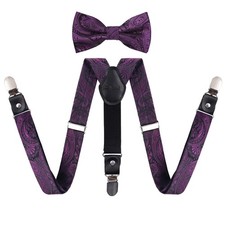 Boys Paisley Adjustable Pre-Tied Bow Tie Clips Suspenders Set for Wedding