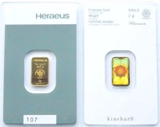 GOLD BAR HERAEUS 2 grams 999.9 KINEBAR in Blister Certificate Gold 24K Bar