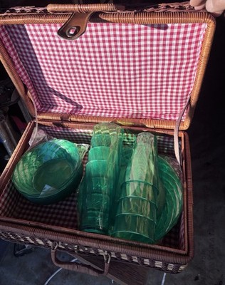 Vintage Picnic Basket with Green Dishes That Are Brand New In Plastic Still New