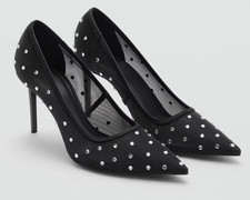 MANGO MNG BLACK LOURSI RHINESTONE GLITTER MESH STILETTO HIGH HEELS SHOES 39 8.5