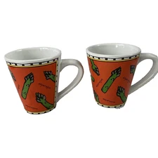 Starbucks Ursula Dodge Asparagus Stoneware Coffee Mugs Set of 2 Orange Cups