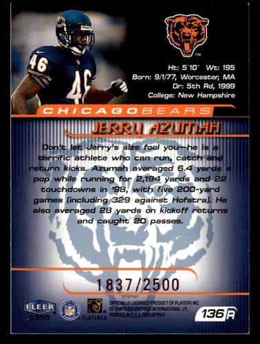 1999 Fleer Focus #136R Jerry Azumah Rookie SP #d /2500! Chicago Bears - Picture 2 of 2