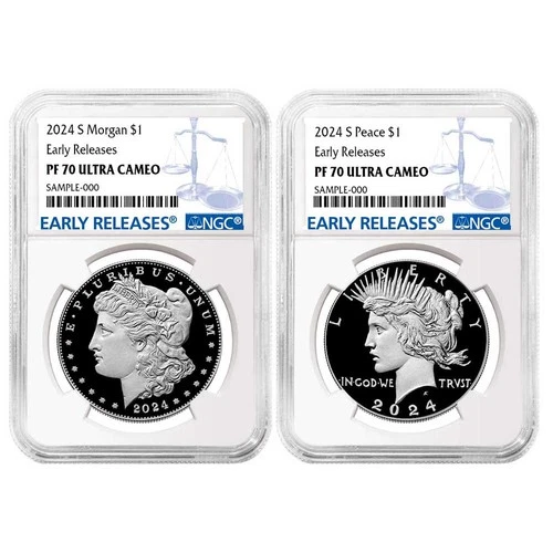 2024-S $1 Proof Morgan and Peace Silver Dollar 2pc Set NGC PF70UC ER Blue Label