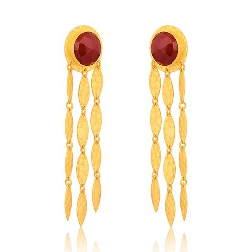 Handmade Multi Layer Long Earrings Gold Plated Red Onyx Wedding Texture Jewelry - Picture 2 of 5