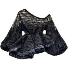 Women Hollow Out Blouse Top Sheer Mesh Ruffle Puff Sleeve Asymmetric Shirt Top