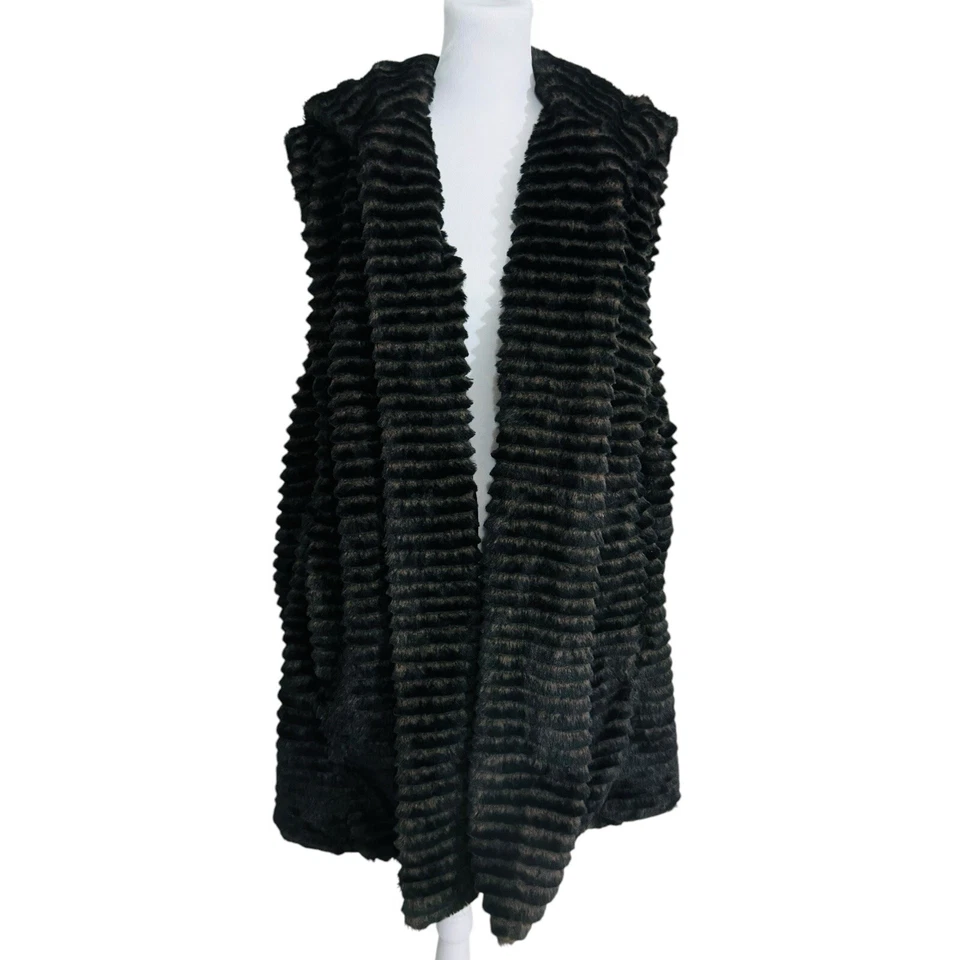 Chaqueta de piel sintética Tahari Plus 3X para mujer chaleco con capucha frente abierto negro suave acogedor Foto 4 de 4